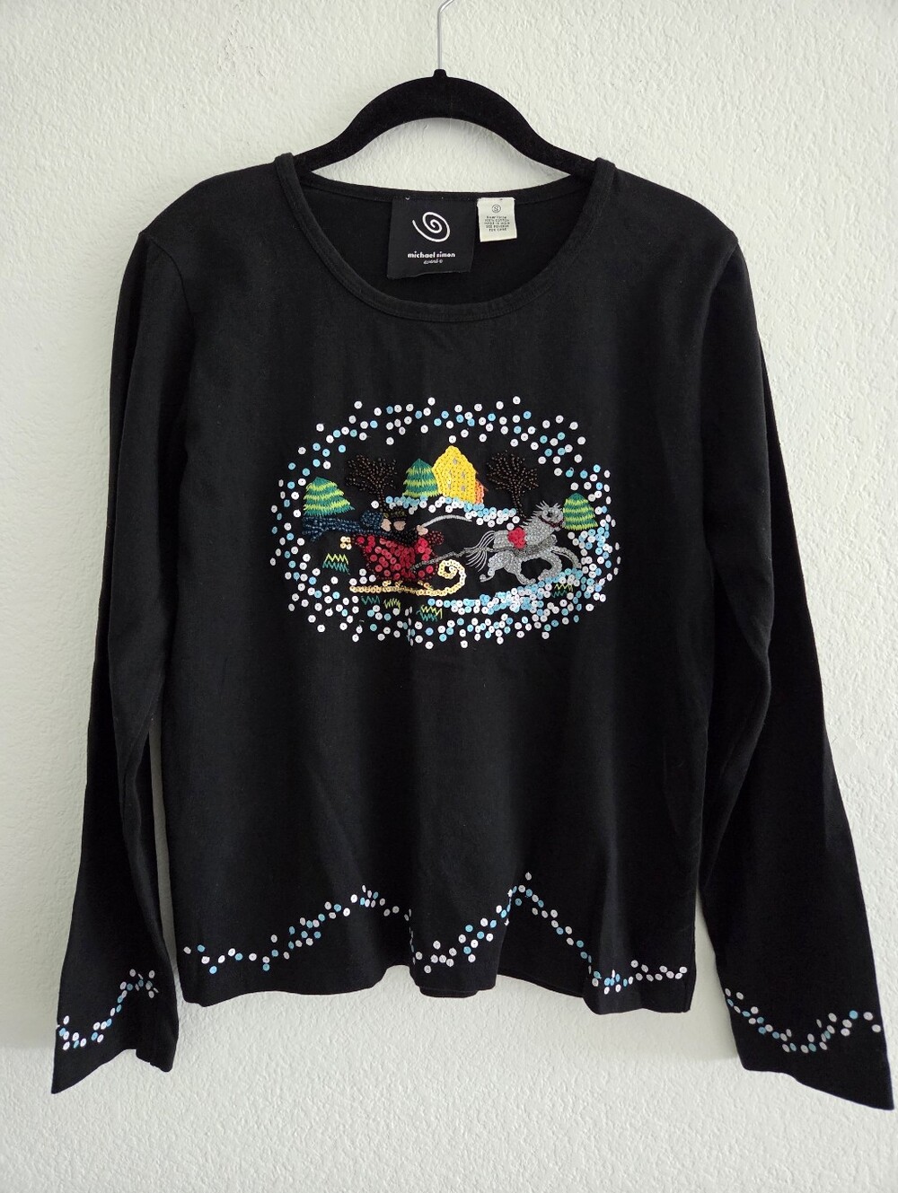 Michael Simon Holiday Long Sleeve Small Top Sequins Beads Sleigh Winter Festive